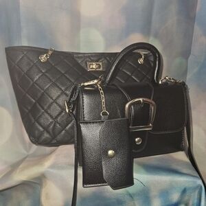 Black Quilted Tote and Buckle Satchel Set - Women's Hand Bag